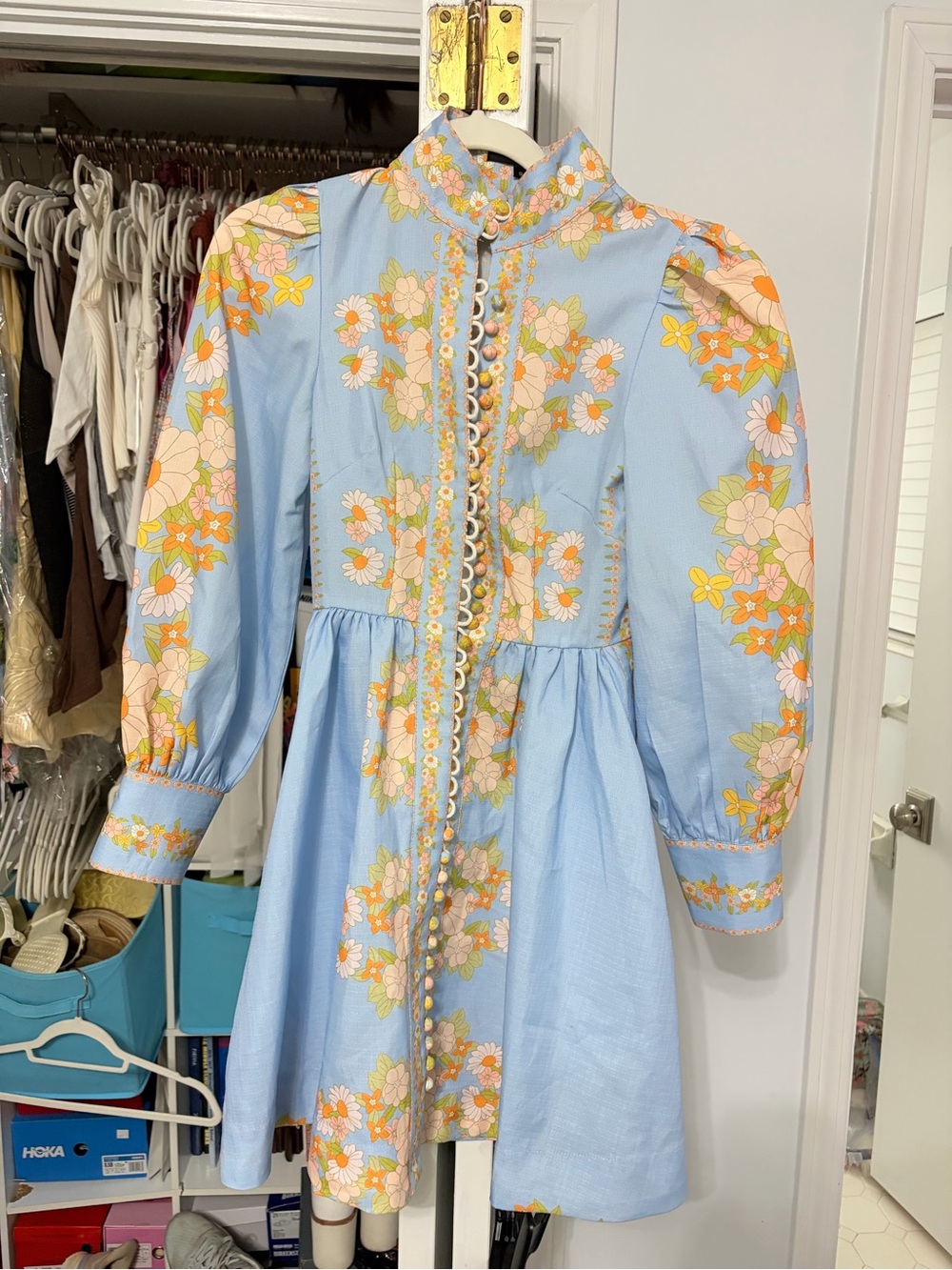 Beulah Light Blue Floral Button-Front Puff Sleeve Dress